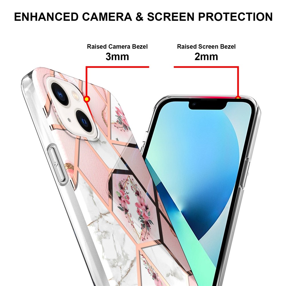 For iPhone 14 6.1 inch YB IMD Series-1 Anti-fingerprint Soft Touch TPU Case Electroplating Edge IMD Marble Floral Pattern Support Wireless Charging Shell - Pink Flowers-4