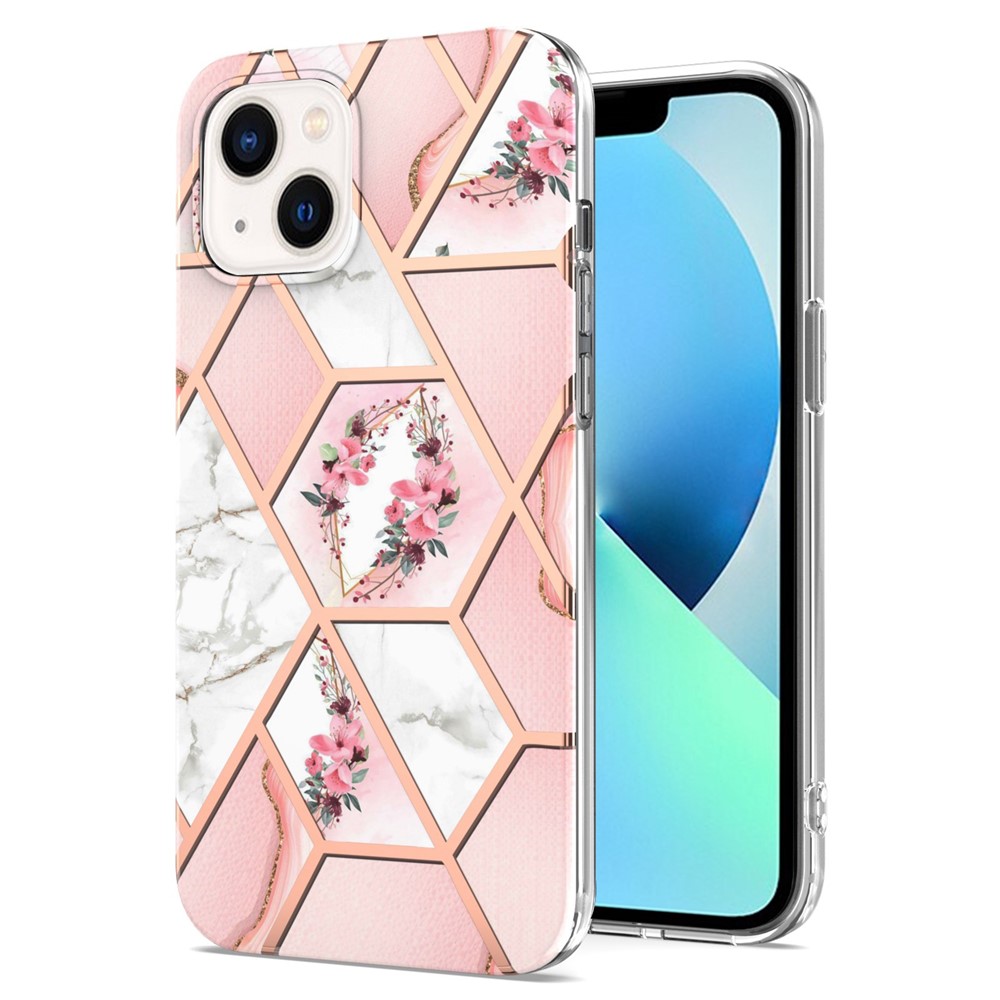 For iPhone 14 Max 6.7 inch YB IMD Series-1 Electroplating Edge Soft Touch TPU Case IMD Marble Floral Pattern Anti-fall Protective Shell - Pink Flowers-1
