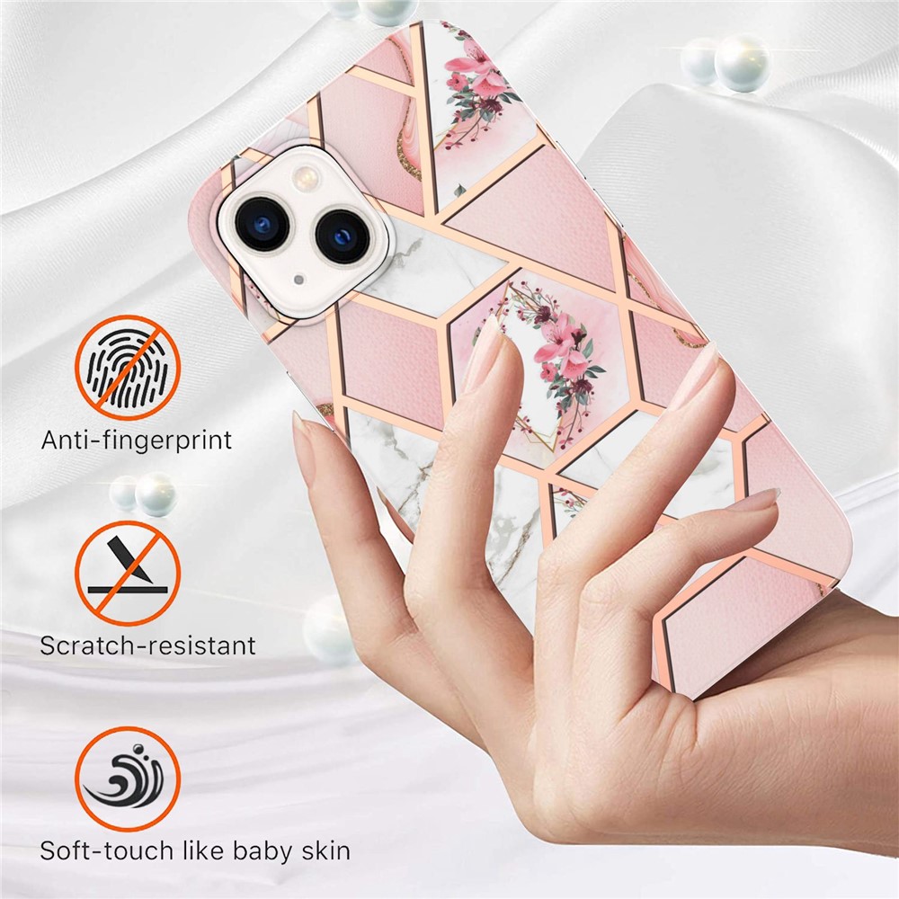For iPhone 14 Max 6.7 inch YB IMD Series-1 Electroplating Edge Soft Touch TPU Case IMD Marble Floral Pattern Anti-fall Protective Shell - Pink Flowers-2
