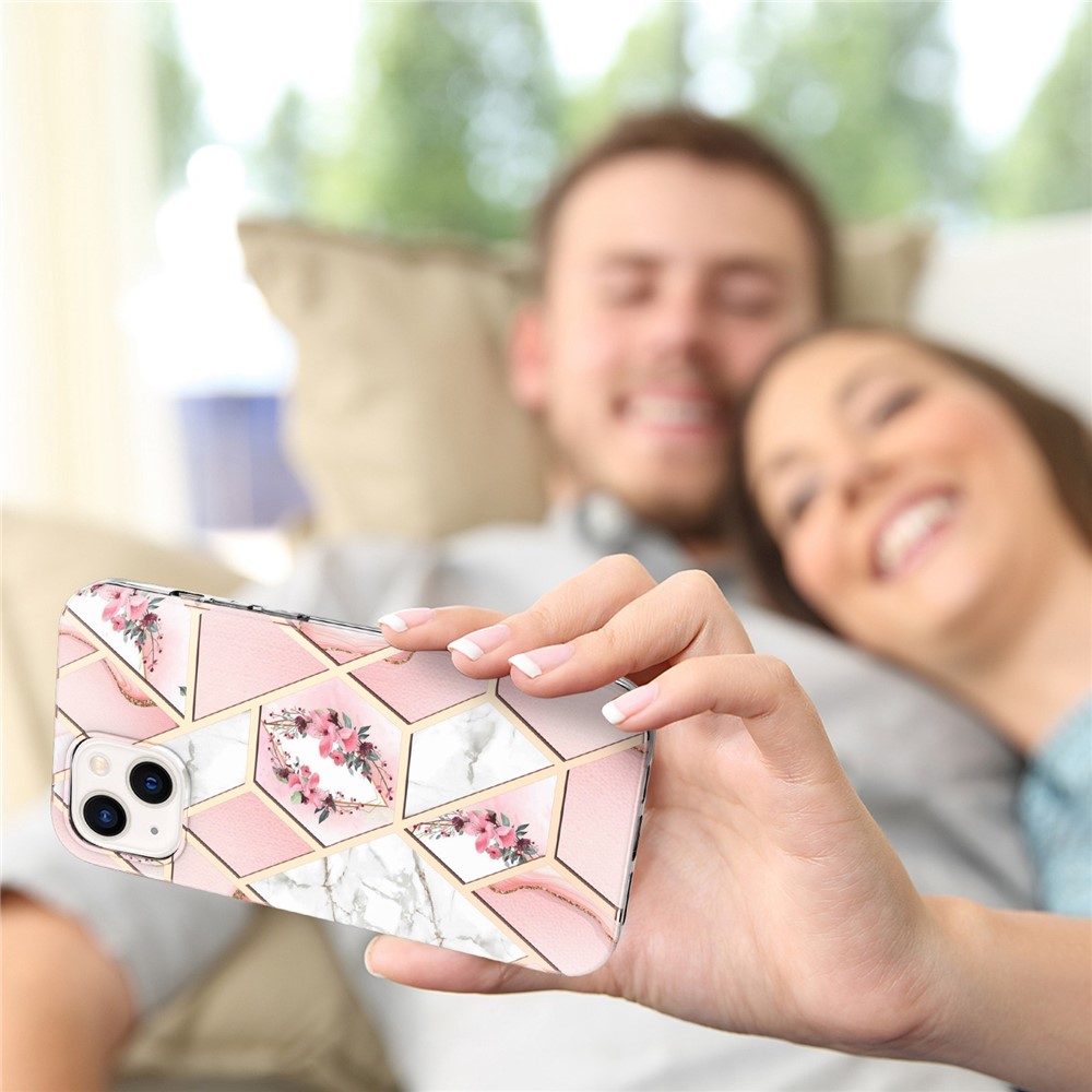 For iPhone 14 Max 6.7 inch YB IMD Series-1 Electroplating Edge Soft Touch TPU Case IMD Marble Floral Pattern Anti-fall Protective Shell - Pink Flowers-5