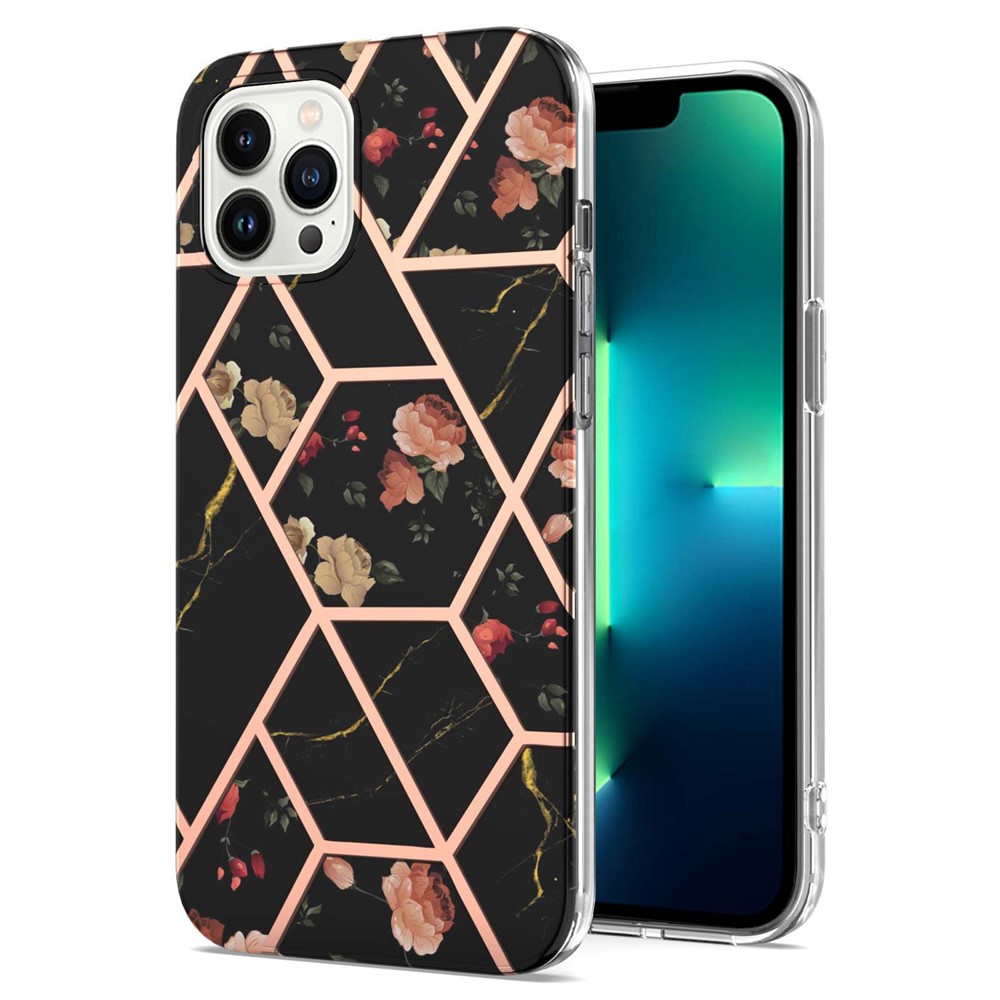 For iPhone 14 Pro 6.1 inch YB IMD Series-1 Electroplating Edge TPU Lens Protection Phone Case IMD Marble Floral Pattern Anti-drop Shell - Black Flowers-1