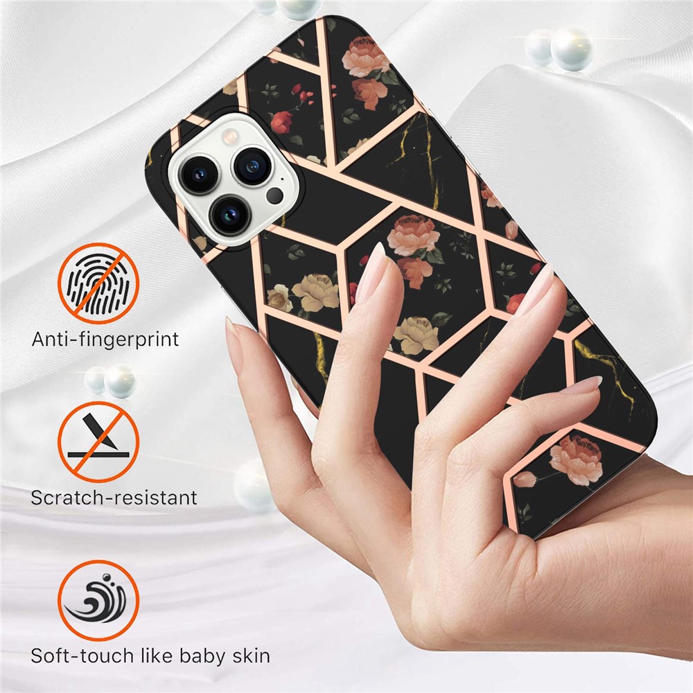 For iPhone 14 Pro 6.1 inch YB IMD Series-1 Electroplating Edge TPU Lens Protection Phone Case IMD Marble Floral Pattern Anti-drop Shell - Black Flowers-2