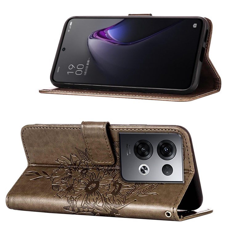 Wallet Phone Case for Oppo Reno8 Pro+ 5G Protective Folio Flip Cover YB Imprinting Flower Series-4 Butterfly Flower Imprinted Leather Shell - Grey-2