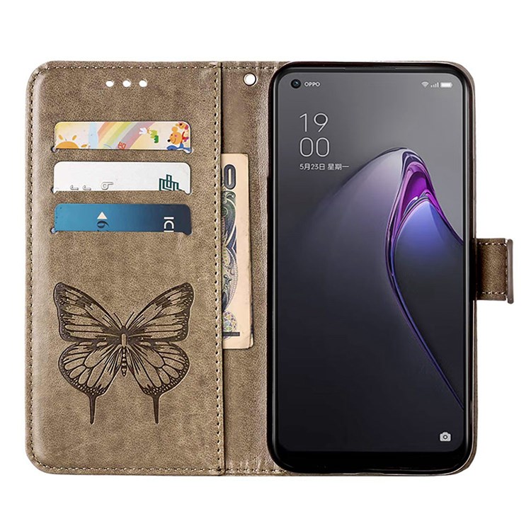Wallet Phone Case for Oppo Reno8 Pro+ 5G Protective Folio Flip Cover YB Imprinting Flower Series-4 Butterfly Flower Imprinted Leather Shell - Grey-3