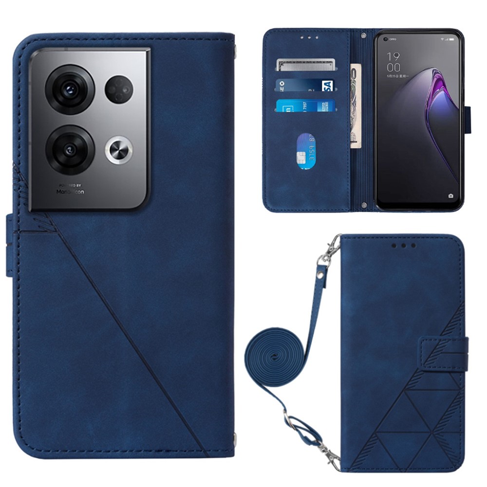 YB Imprinting Series-2 for Oppo Reno8 Pro+ 5G Business Style Phone Case Imprinted Lines Phone Cover PU Leather Stand Protector with Shoulder Strap / Wallet - Sapphire-1