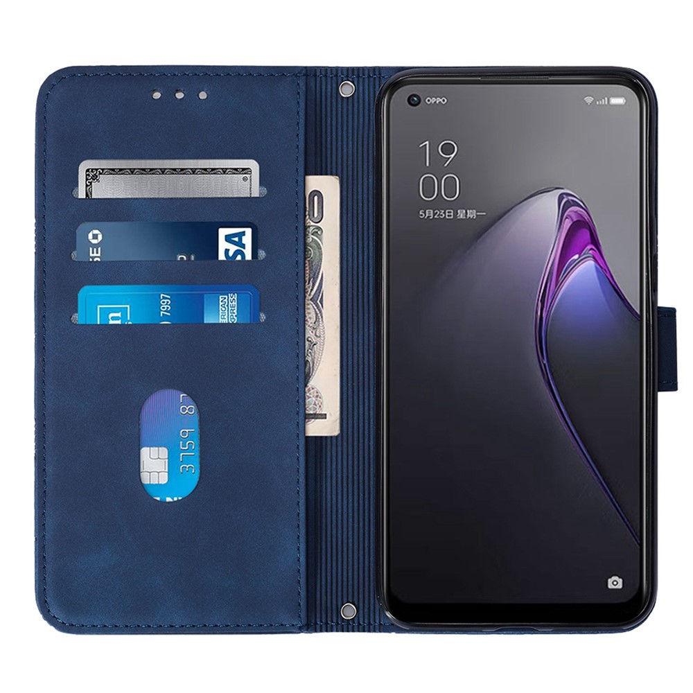 YB Imprinting Series-2 for Oppo Reno8 Pro+ 5G Business Style Phone Case Imprinted Lines Phone Cover PU Leather Stand Protector with Shoulder Strap / Wallet - Sapphire-2