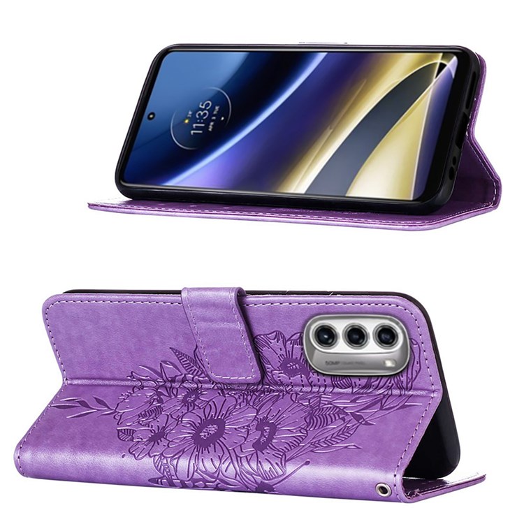 Wallet Phone Case for Motorola Moto G52j 5G Anti-Fall Folio Flip Cover YB Imprinting Flower Series-4 Butterfly Flower Imprinted Leather Shell - Light Purple-2