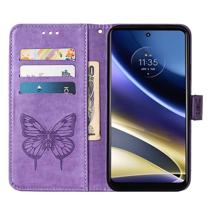 Wallet Phone Case for Motorola Moto G52j 5G Anti-Fall Folio Flip Cover YB Imprinting Flower Series-4 Butterfly Flower Imprinted Leather Shell - Light Purple-3