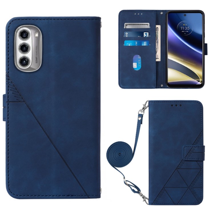 For Motorola Moto G52j 5G YB Imprinting Series-2 Wallet Case Imprinted Lines PU Leather Stand Feature Flip Cover with Shoulder Strap - Sapphire-1