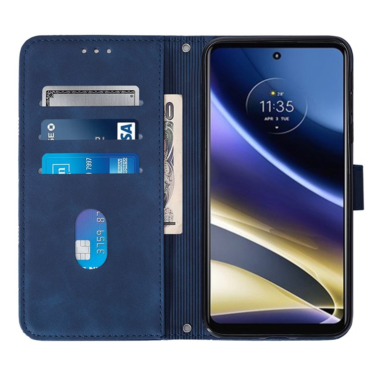 For Motorola Moto G52j 5G YB Imprinting Series-2 Wallet Case Imprinted Lines PU Leather Stand Feature Flip Cover with Shoulder Strap - Sapphire-2