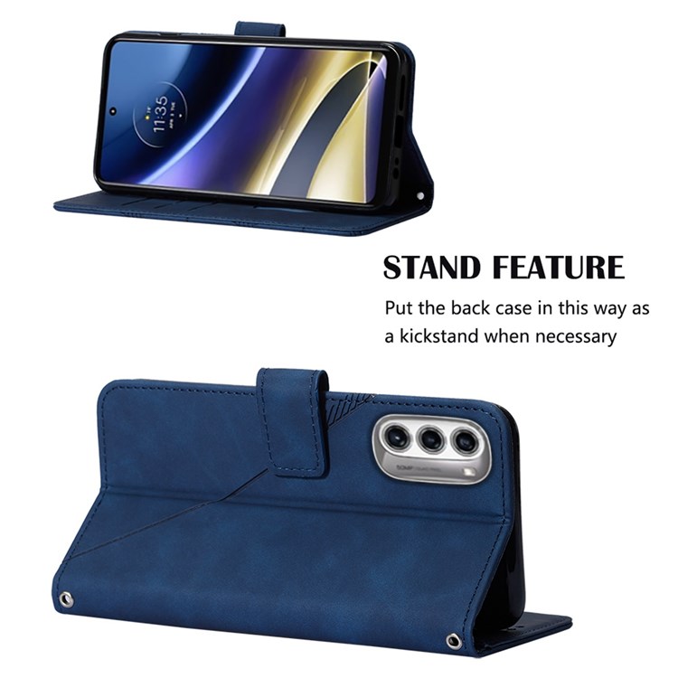 For Motorola Moto G52j 5G YB Imprinting Series-2 Wallet Case Imprinted Lines PU Leather Stand Feature Flip Cover with Shoulder Strap - Sapphire-3