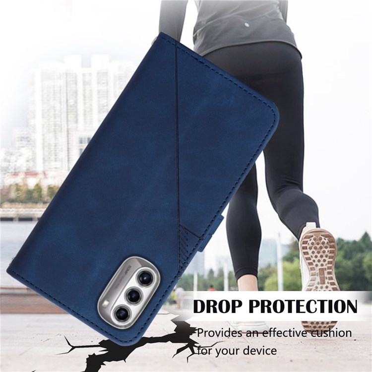 For Motorola Moto G52j 5G YB Imprinting Series-1 PU Leather Flip Stand Cover Lines Imprinted Hand Strap Wallet Purse Case - Sapphire-5