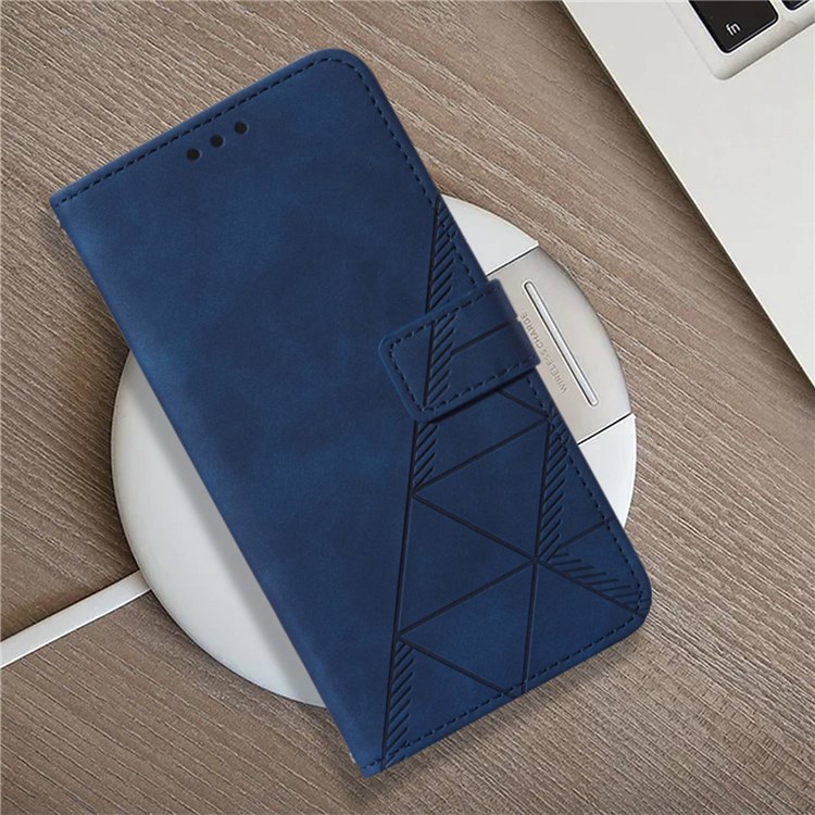 For Motorola Moto G52j 5G YB Imprinting Series-1 PU Leather Flip Stand Cover Lines Imprinted Hand Strap Wallet Purse Case - Sapphire-6