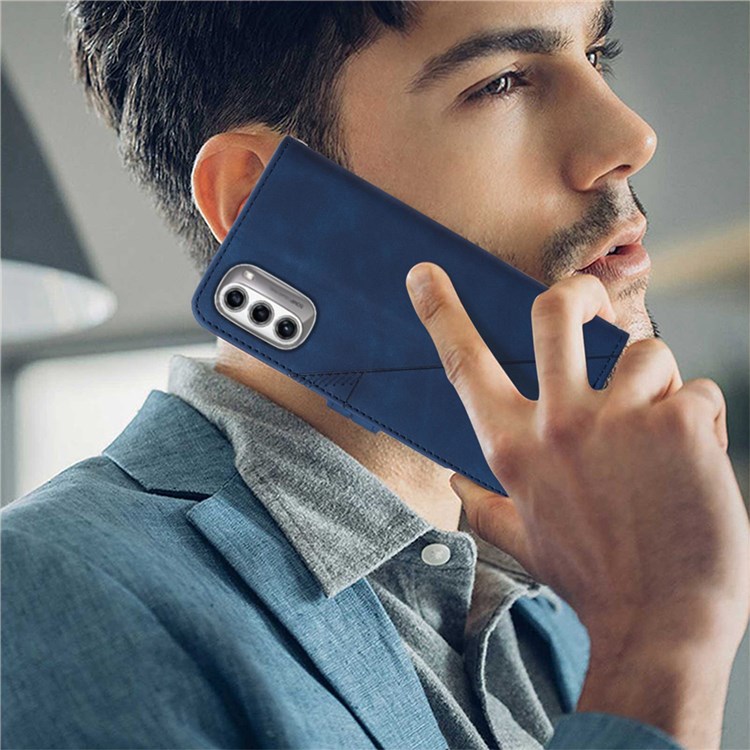 For Motorola Moto G52j 5G YB Imprinting Series-1 PU Leather Flip Stand Cover Lines Imprinted Hand Strap Wallet Purse Case - Sapphire-7
