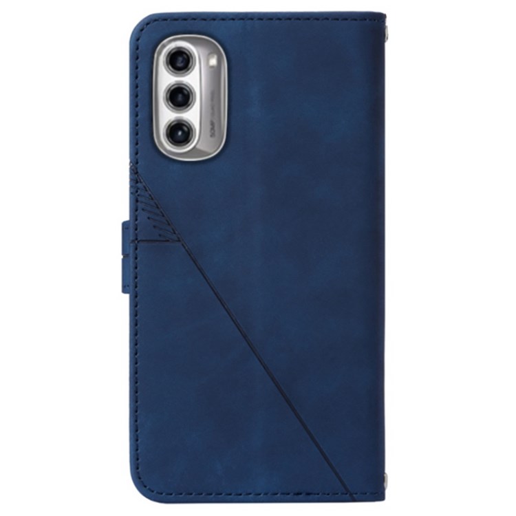 For Motorola Moto G52j 5G YB Imprinting Series-1 PU Leather Flip Stand Cover Lines Imprinted Hand Strap Wallet Purse Case - Sapphire-9