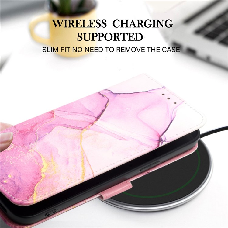Pattern Printing Leather Series-5 for Motorola Moto G42 4G Stand Wallet Phone Case PU Leather Marble Pattern Protective Cover with Stand - Pink / Purple / Gold LS001-5