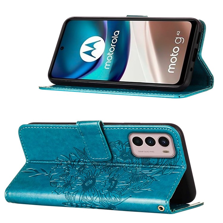 YB Imprinting Flower Series-4 Phone Case for Motorola Moto G42 4G, Butterfly Flower Imprinted Leather Shell - Blue-2