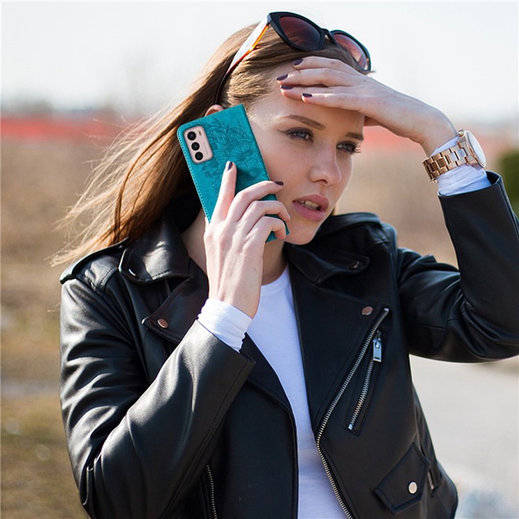YB Imprinting Flower Series-4 Phone Case for Motorola Moto G42 4G, Butterfly Flower Imprinted Leather Shell - Blue-7