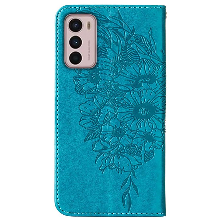 YB Imprinting Flower Series-4 Phone Case for Motorola Moto G42 4G, Butterfly Flower Imprinted Leather Shell - Blue-9