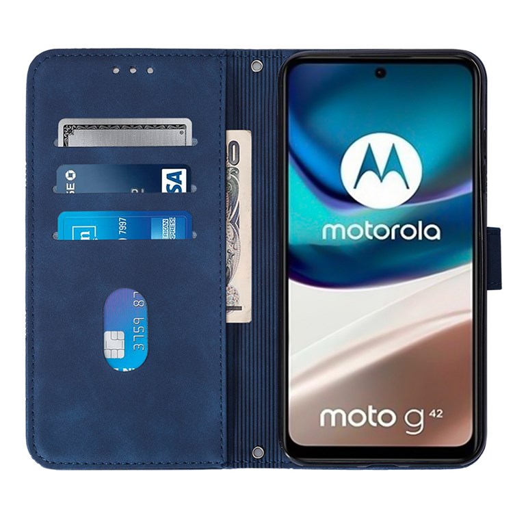 For Motorola Moto G42 4G YB Imprinting Series-2 Leather Magnetic Book Wallet Case Imprinted Lines Stand Flip Cover with Shoulder Strap - Sapphire-2