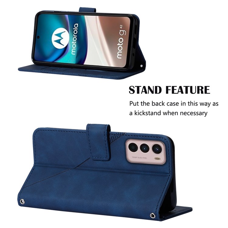 For Motorola Moto G42 4G YB Imprinting Series-2 Leather Magnetic Book Wallet Case Imprinted Lines Stand Flip Cover with Shoulder Strap - Sapphire-3