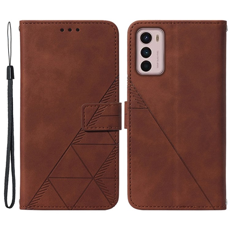 For Motorola Moto G42 4G Shockproof Flip Case YB Imprinting Series-1 Lines Imprinted PU Leather Wallet Cover Stand Protective Shell with Strap - Brown-1