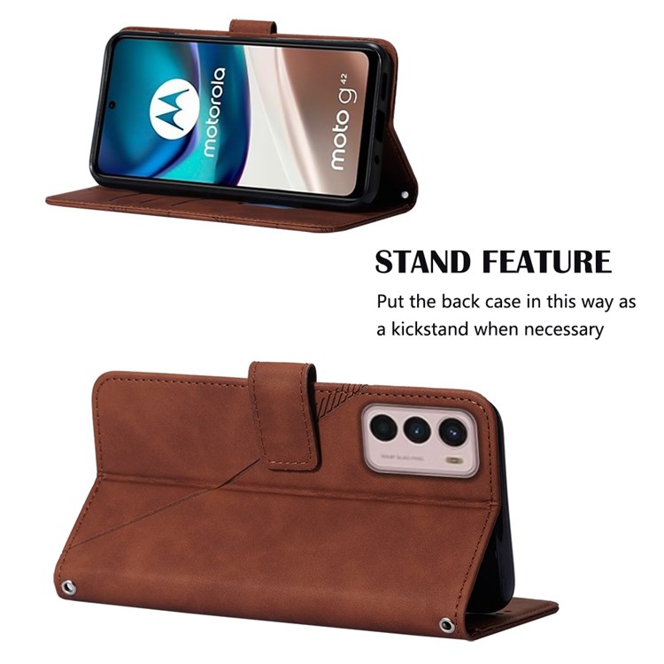 For Motorola Moto G42 4G Shockproof Flip Case YB Imprinting Series-1 Lines Imprinted PU Leather Wallet Cover Stand Protective Shell with Strap - Brown-2