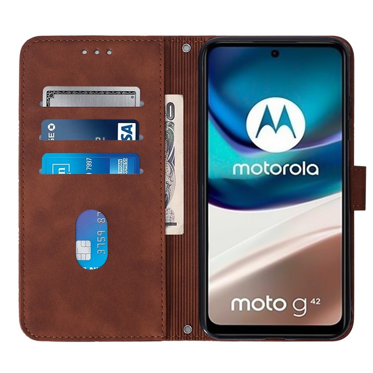 For Motorola Moto G42 4G Shockproof Flip Case YB Imprinting Series-1 Lines Imprinted PU Leather Wallet Cover Stand Protective Shell with Strap - Brown-3