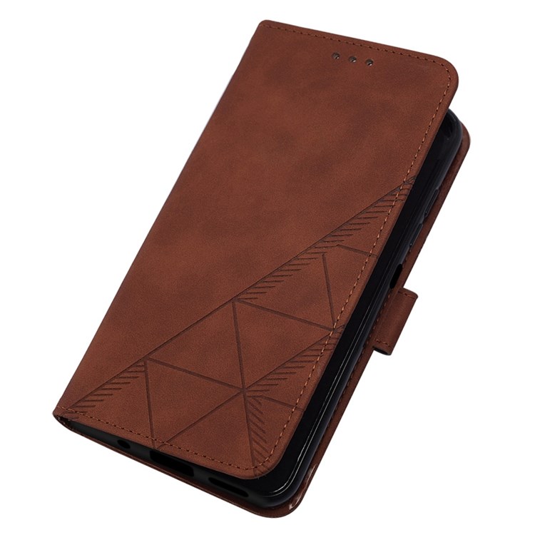 For Motorola Moto G42 4G Shockproof Flip Case YB Imprinting Series-1 Lines Imprinted PU Leather Wallet Cover Stand Protective Shell with Strap - Brown-4