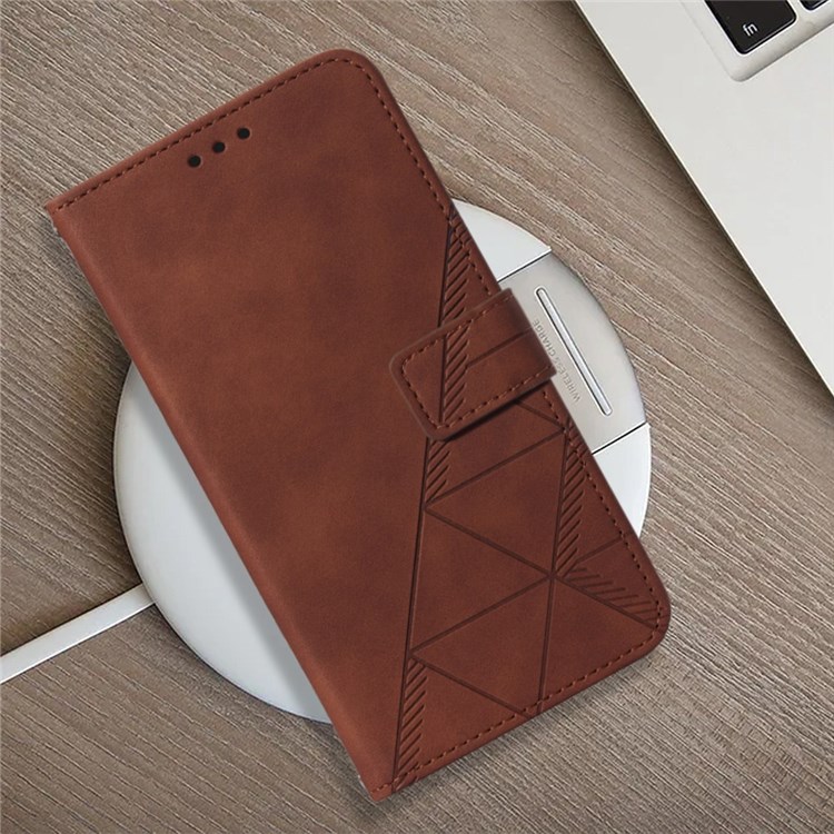 For Motorola Moto G42 4G Shockproof Flip Case YB Imprinting Series-1 Lines Imprinted PU Leather Wallet Cover Stand Protective Shell with Strap - Brown-6