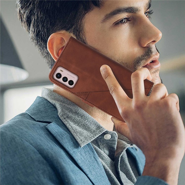 For Motorola Moto G42 4G Shockproof Flip Case YB Imprinting Series-1 Lines Imprinted PU Leather Wallet Cover Stand Protective Shell with Strap - Brown-7