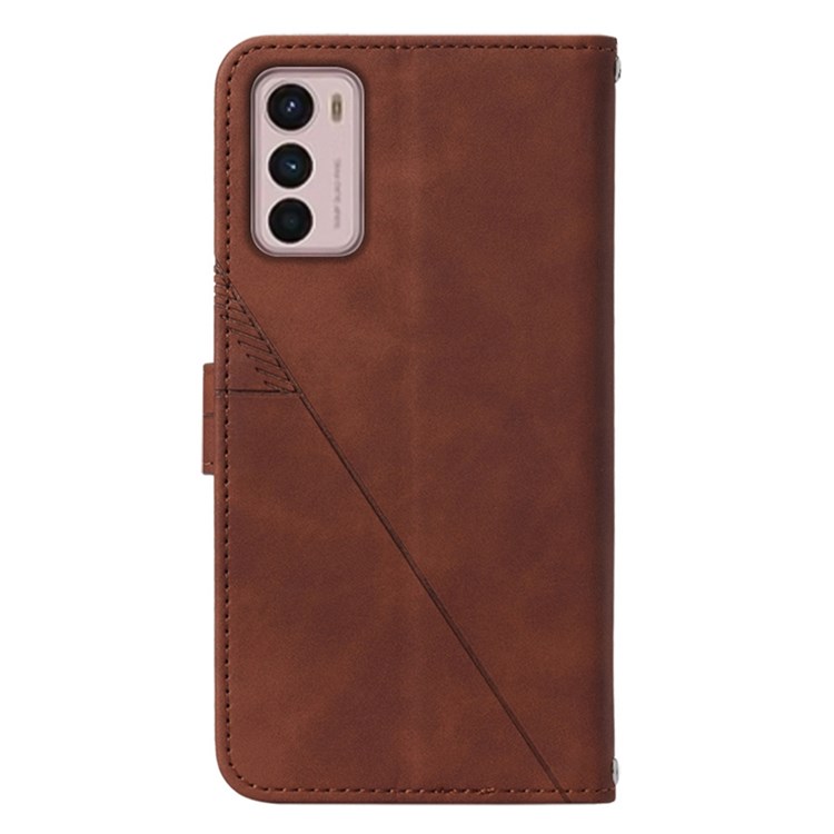 For Motorola Moto G42 4G Shockproof Flip Case YB Imprinting Series-1 Lines Imprinted PU Leather Wallet Cover Stand Protective Shell with Strap - Brown-9