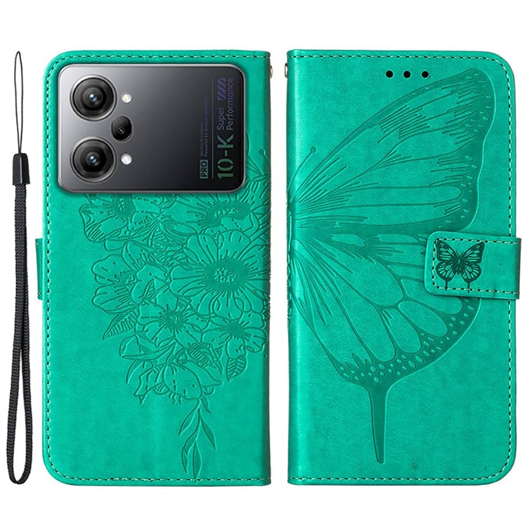 YB Imprinting Flower Series-4 Leather Phone Case for Oppo K10 Pro 5G, Butterfly Flower Imprinted Shell - Green-1