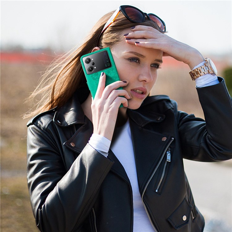 YB Imprinting Flower Series-4 Leather Phone Case for Oppo K10 Pro 5G, Butterfly Flower Imprinted Shell - Green-7