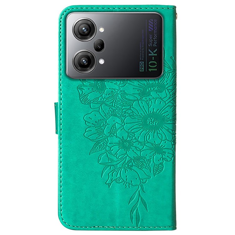 YB Imprinting Flower Series-4 Leather Phone Case for Oppo K10 Pro 5G, Butterfly Flower Imprinted Shell - Green-9