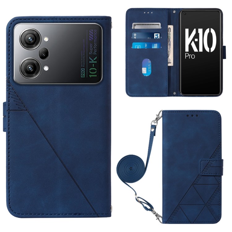 YB Imprinting Series-2 for Oppo K10 Pro 5G Phone Case Business Style Imprinted Lines Phone Protector with Shoulder Strap, PU Leather Stand Wallet Cover - Sapphire-1