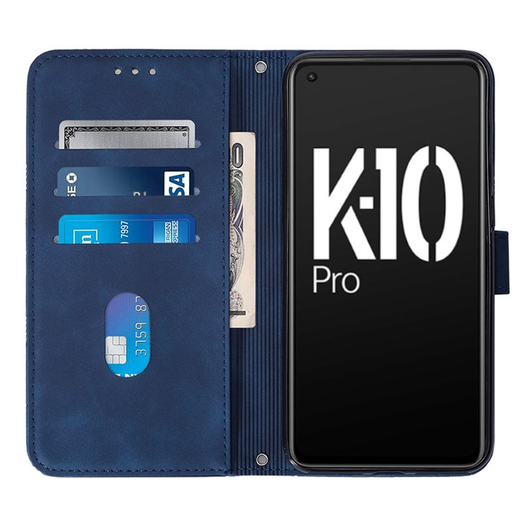 YB Imprinting Series-2 for Oppo K10 Pro 5G Phone Case Business Style Imprinted Lines Phone Protector with Shoulder Strap, PU Leather Stand Wallet Cover - Sapphire-2