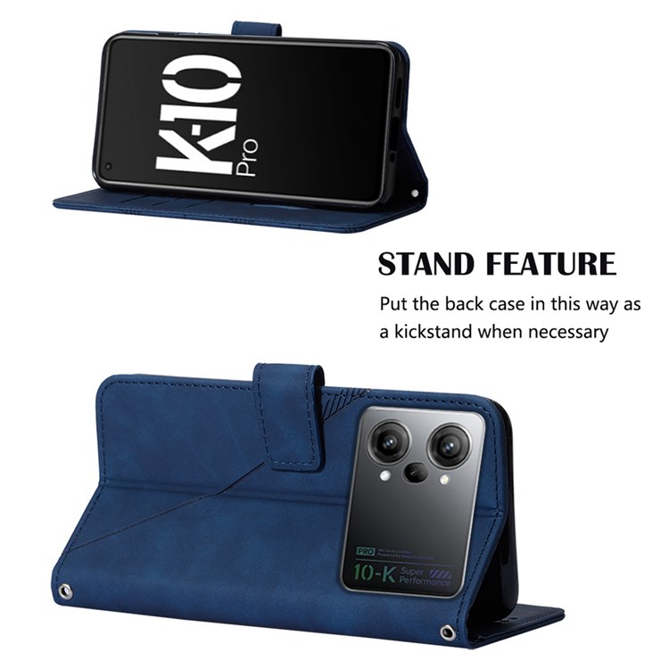 YB Imprinting Series-2 for Oppo K10 Pro 5G Phone Case Business Style Imprinted Lines Phone Protector with Shoulder Strap, PU Leather Stand Wallet Cover - Sapphire-3