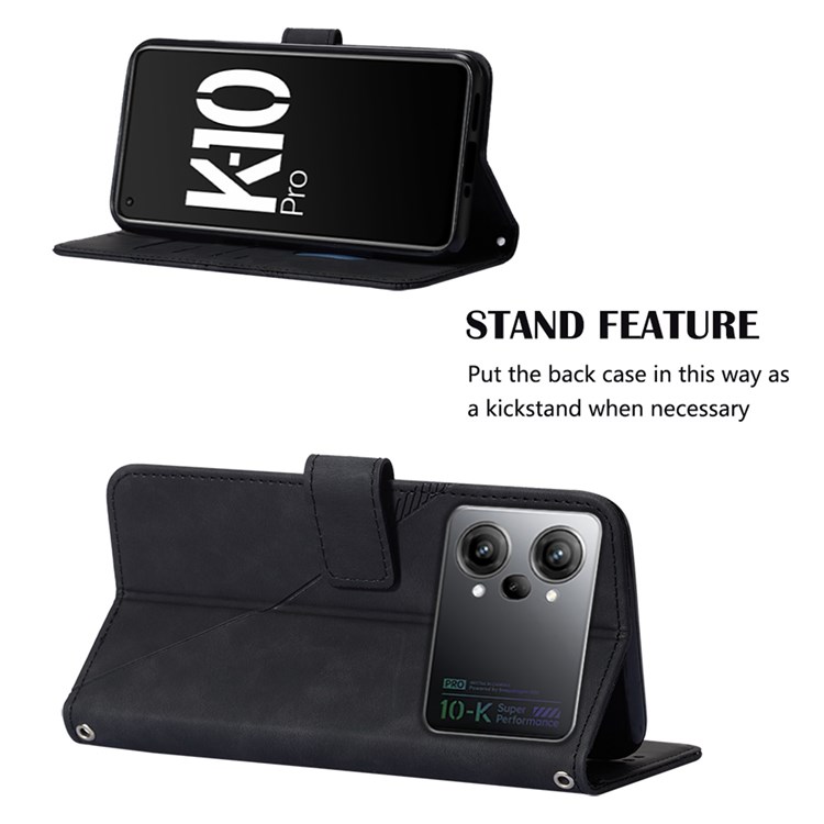 For Oppo K10 Pro 5G YB Imprinting Series-1 Wallet Case PU Leather Lines Imprinted Stand Magnetic Flip Cover with Hand Strap - Black-2
