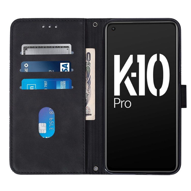 For Oppo K10 Pro 5G YB Imprinting Series-1 Wallet Case PU Leather Lines Imprinted Stand Magnetic Flip Cover with Hand Strap - Black-3