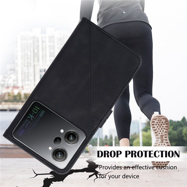 For Oppo K10 Pro 5G YB Imprinting Series-1 Wallet Case PU Leather Lines Imprinted Stand Magnetic Flip Cover with Hand Strap - Black-5