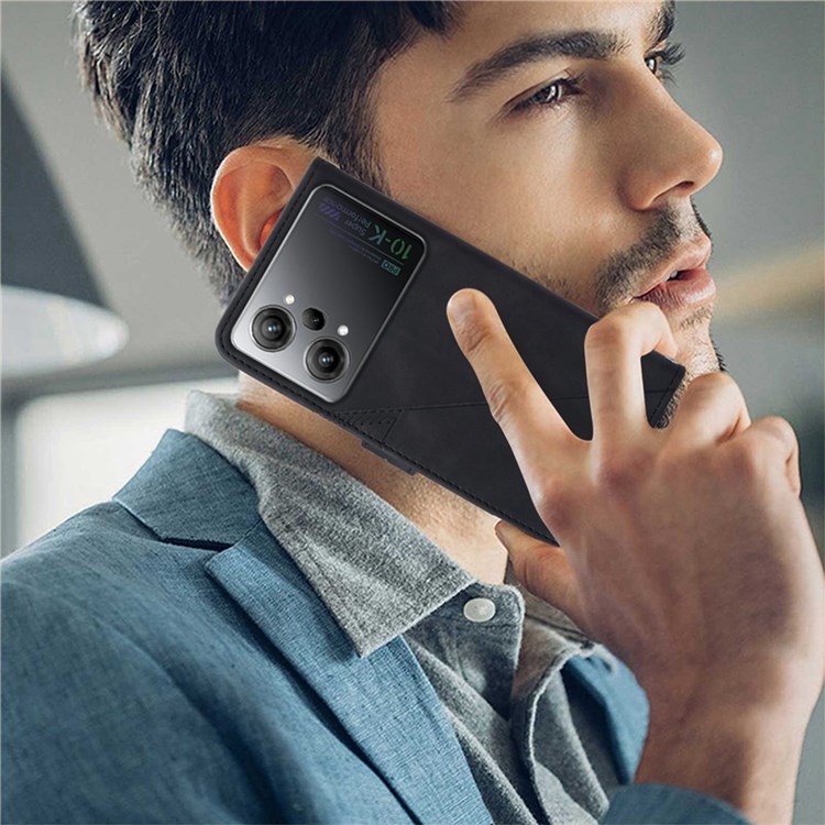 For Oppo K10 Pro 5G YB Imprinting Series-1 Wallet Case PU Leather Lines Imprinted Stand Magnetic Flip Cover with Hand Strap - Black-7
