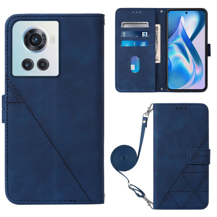 YB Imprinting Series-2 for OnePlus Ace 5G Business Style Imprinted Lines Phone Case with Shoulder Strap, PU Leather Stand Wallet Cover - Sapphire-1