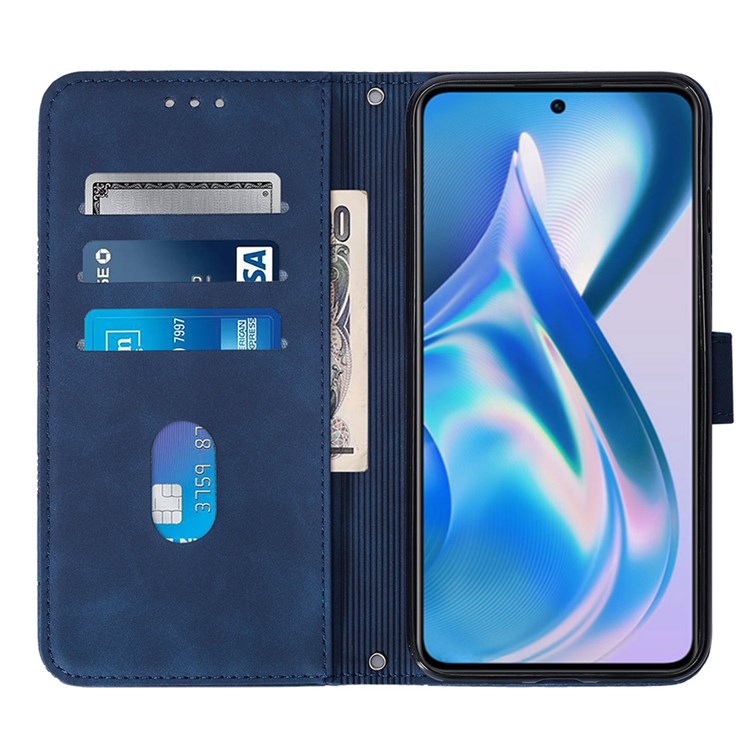YB Imprinting Series-2 for OnePlus Ace 5G Business Style Imprinted Lines Phone Case with Shoulder Strap, PU Leather Stand Wallet Cover - Sapphire-2