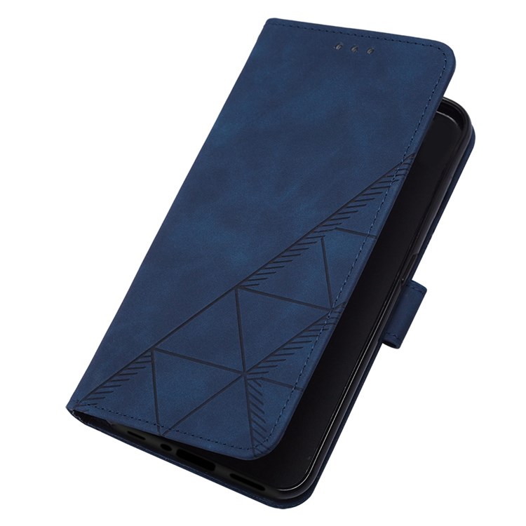 YB Imprinting Series-2 for OnePlus Ace 5G Business Style Imprinted Lines Phone Case with Shoulder Strap, PU Leather Stand Wallet Cover - Sapphire-5