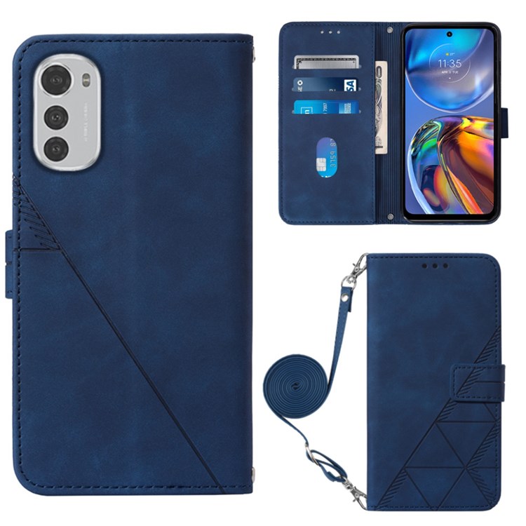 For Motorola Moto E32 4G / Moto E32s 4G YB Imprinting Series-2 PU Leather Wallet Case Stand Feature Imprinted Lines Folio Flip Cover with Shoulder Strap - Sapphire-1