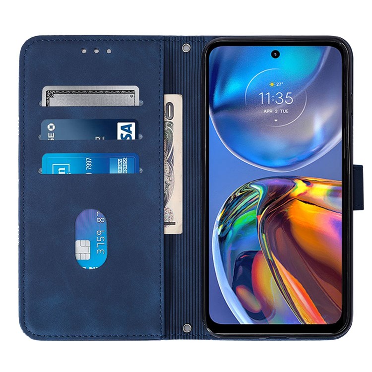 For Motorola Moto E32 4G / Moto E32s 4G YB Imprinting Series-2 PU Leather Wallet Case Stand Feature Imprinted Lines Folio Flip Cover with Shoulder Strap - Sapphire-2