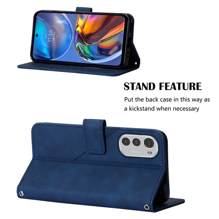 For Motorola Moto E32 4G / Moto E32s 4G YB Imprinting Series-2 PU Leather Wallet Case Stand Feature Imprinted Lines Folio Flip Cover with Shoulder Strap - Sapphire-3
