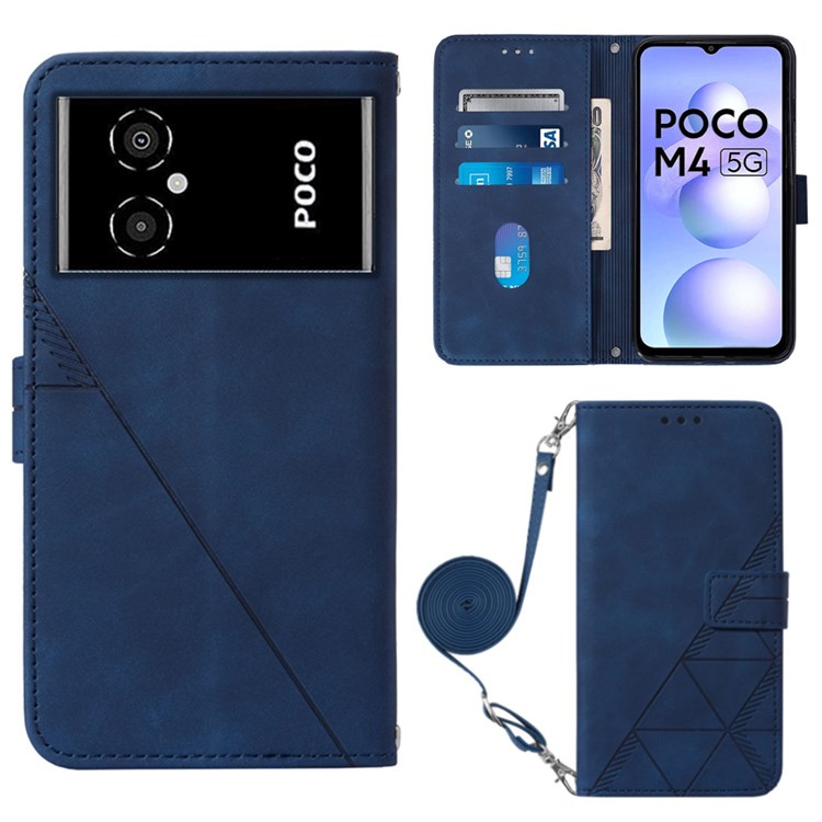 Anti-Drop Phone Case for Xiaomi Poco M4 5G YB Imprinting Series-2 Imprinted Lines Business Style PU Leather Stand Cover with Shoulder Strap / Wallet - Sapphire-1