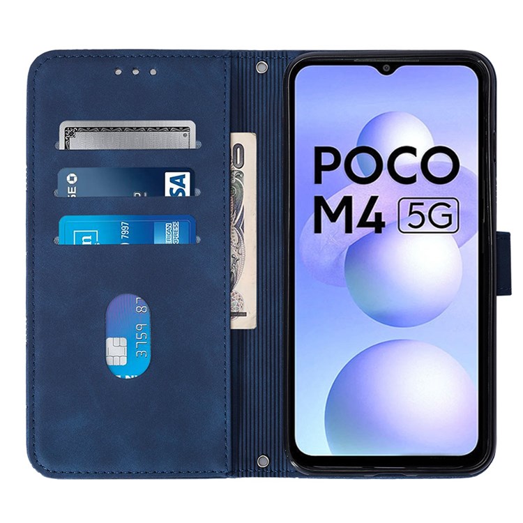Anti-Drop Phone Case for Xiaomi Poco M4 5G YB Imprinting Series-2 Imprinted Lines Business Style PU Leather Stand Cover with Shoulder Strap / Wallet - Sapphire-2